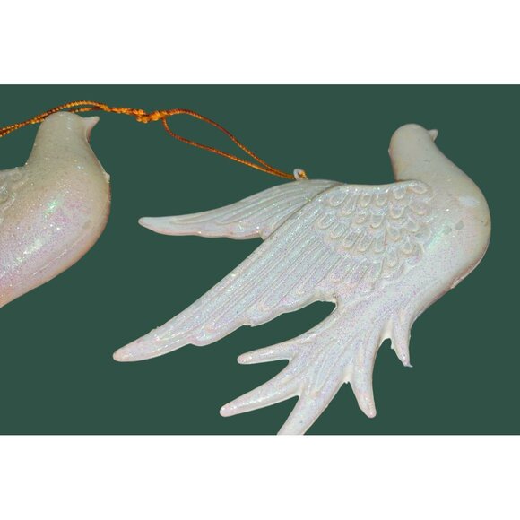 Vintage White Glitter Dove Hanging Ornaments Set Of 2 Gold Strings - Picture 4 of 9